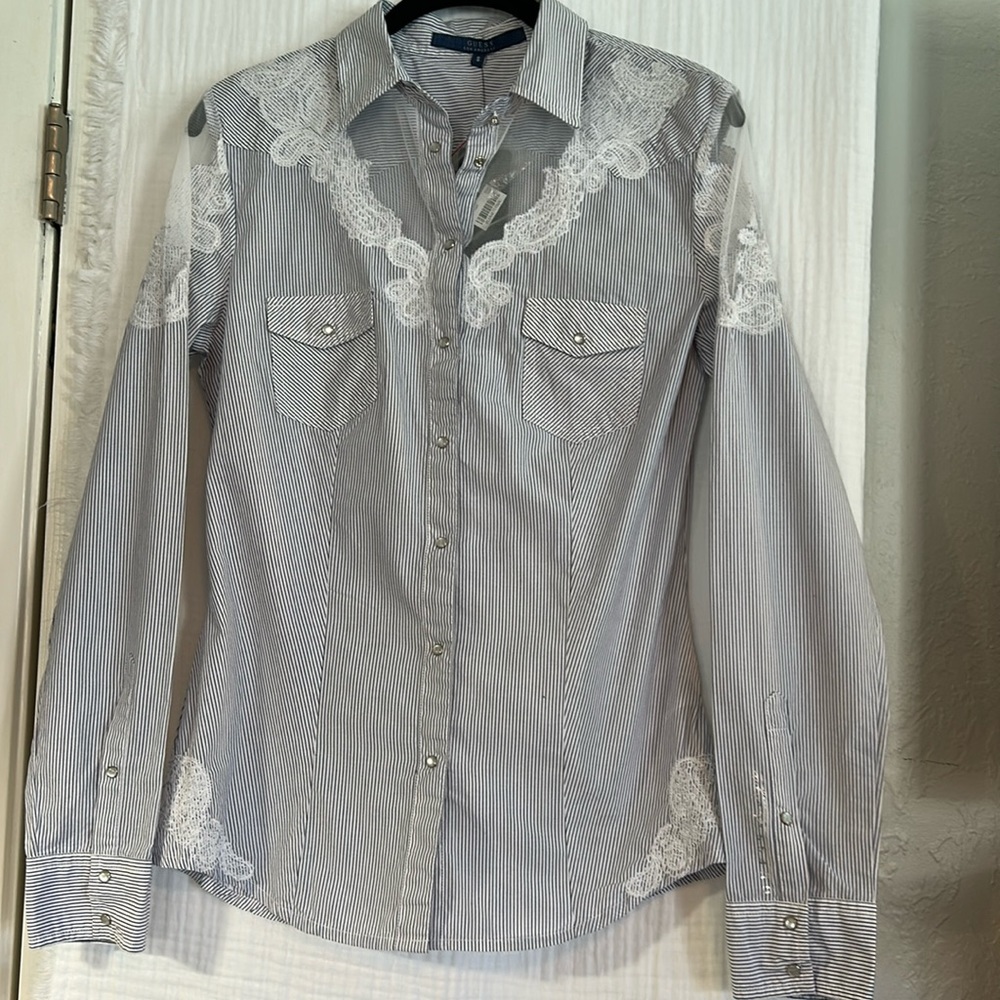 Guess Gray and White Striped Button Down Shirt